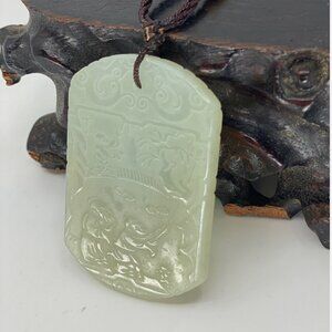 Chinese Hetian Jade Pendant w Deity, Fortune Kid, &Zi Gang Poem